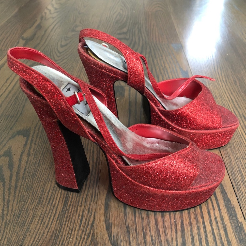 Sparkly Red Platform Sandal Heels, Size 7